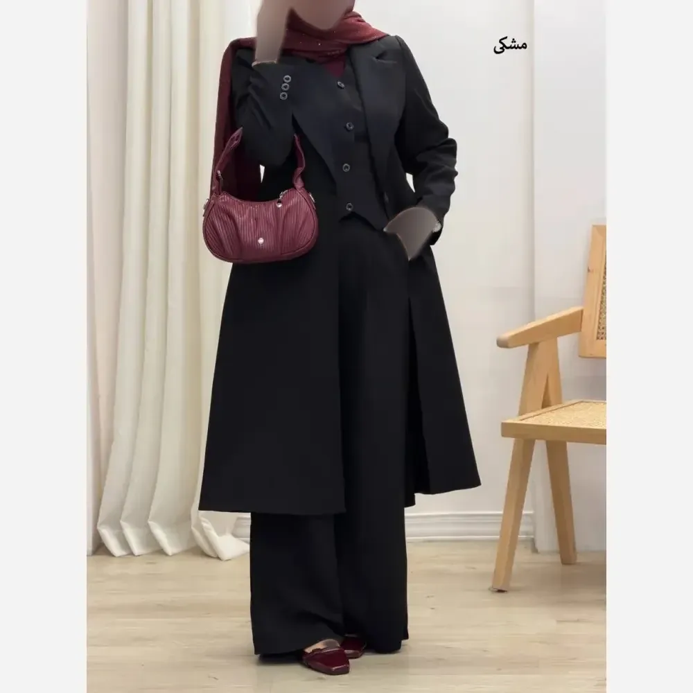 ست سه تکه مانتو شلوار و جلیقه جنس کرپ مازراتی کجراه