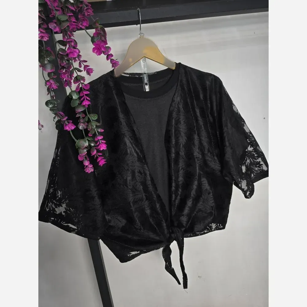 ست دو تکه زیره و رویه گره ای إلسا جنس رویه تور دانتل و تیشرت ویسکوز سایز فری 36 تا 46