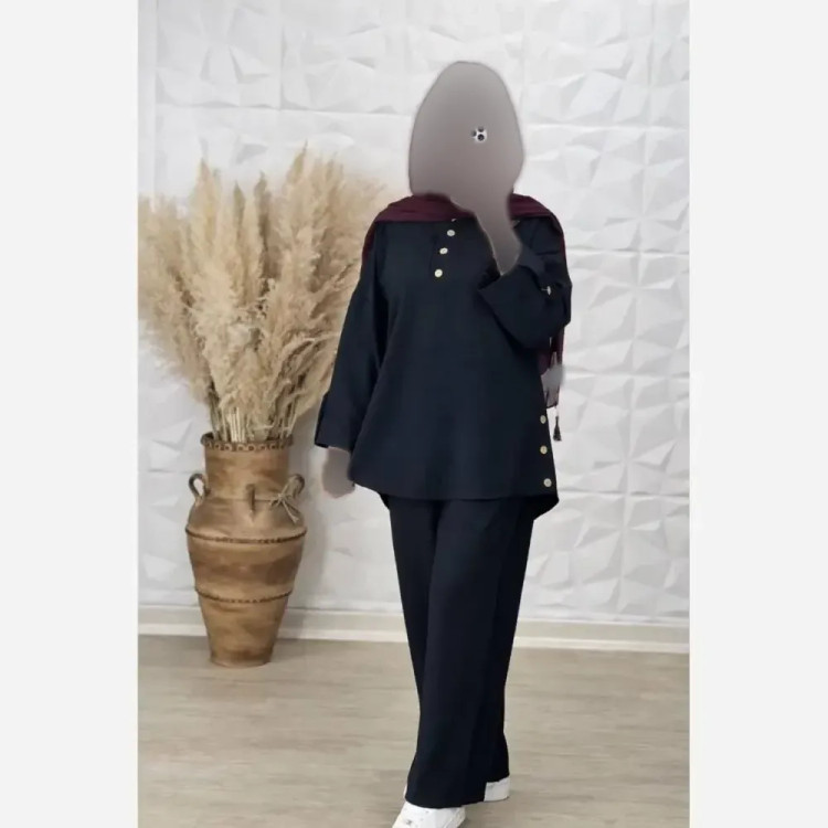 ست تونیک و شلوار شانتون کوک دوزی شده رنگ مشکی فری سایز