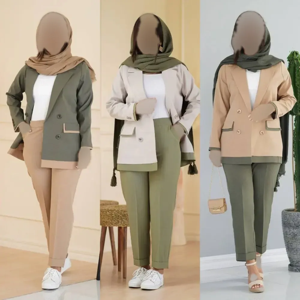 کت شلوار زنانه لنینت مدل سوران رنگ کرم سبز استخوانی سایز 38 تا 46