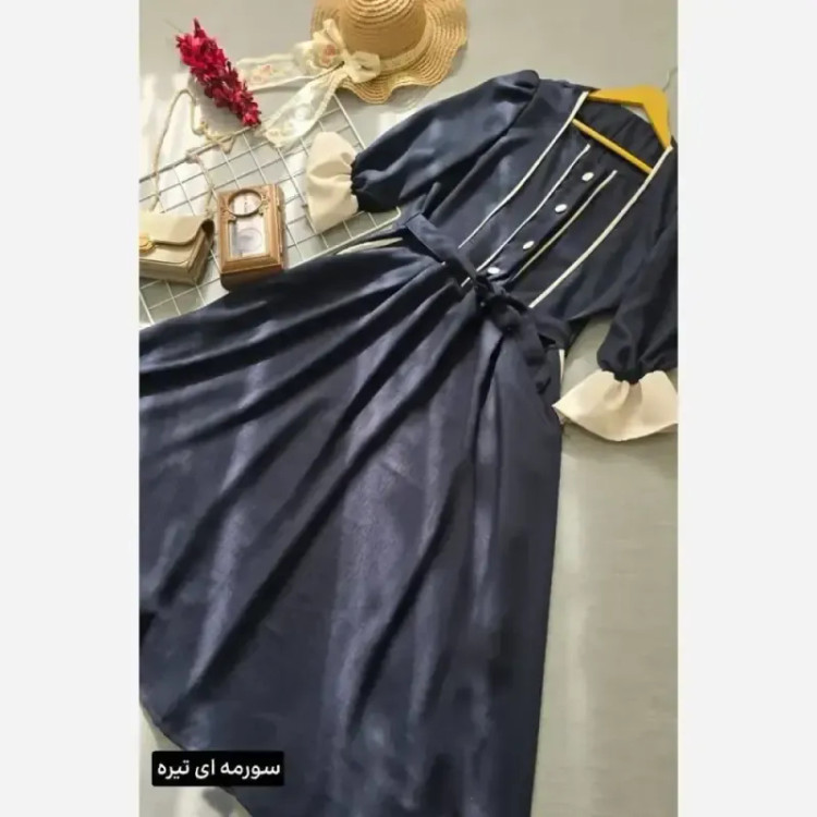 پیراهن ژیلا جنس شانتون و خرجکار مازراتی فری سایز تا 46 کمربند دار