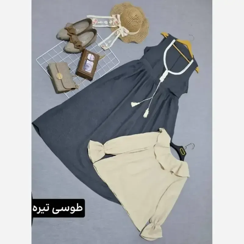 شومیز و سارافون شهرزاد جنس صوفیا شانتون فری سایز تا 46 قد سارافون 125 قد شومیز 54 دور سینه 106 کمر بنددار