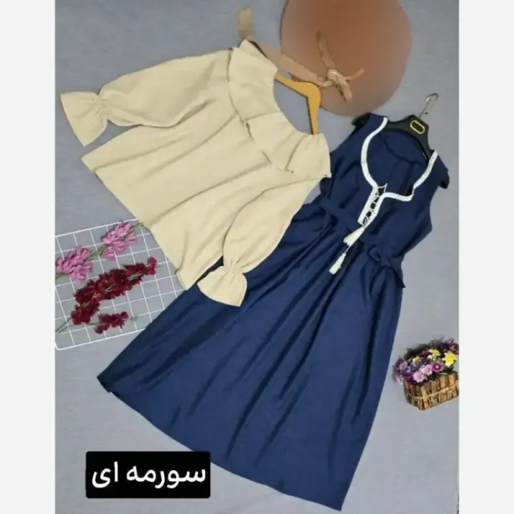 شومیز و سارافون شهرزاد جنس صوفیا شانتون فری سایز تا 46 قد سارافون 125 قد شومیز 54 دور سینه 106 کمر بنددار