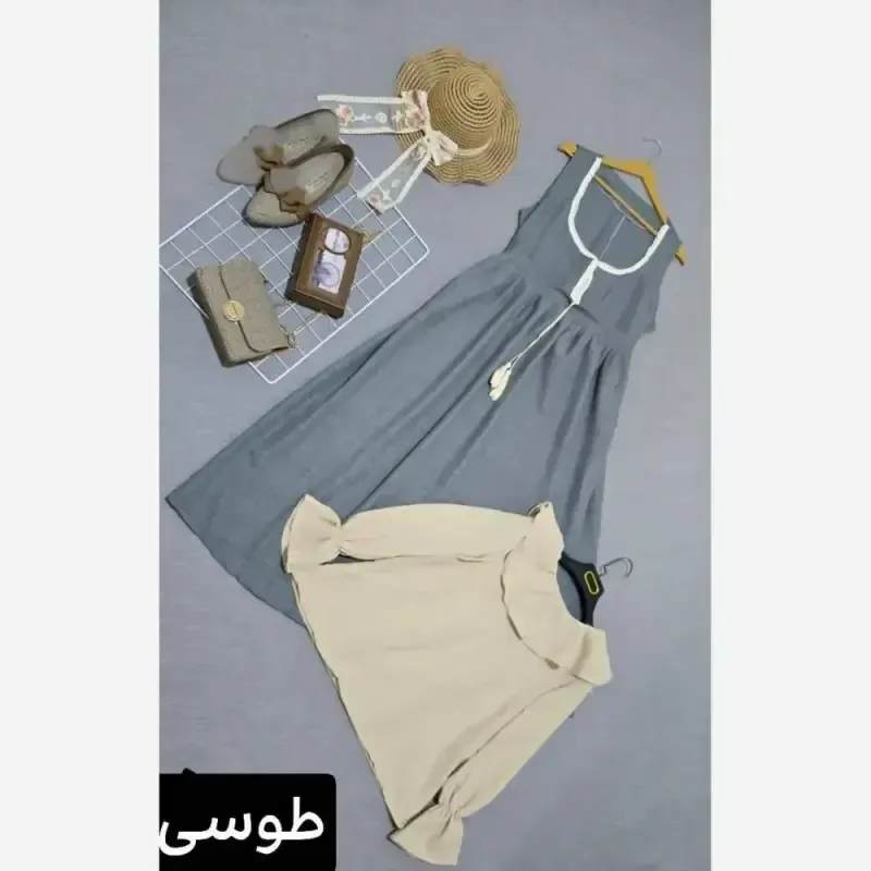 شومیز و سارافون شهرزاد جنس صوفیا شانتون فری سایز تا 46 قد سارافون 125 قد شومیز 54 دور سینه 106 کمر بنددار