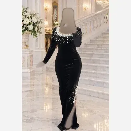 ماکسی مخمل مرواریدی مدل لنا گردنبندی قد 150 سایز 36 تا 46