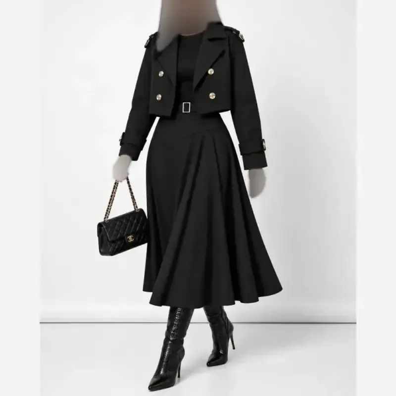 ست کت و سارافون زنانه جنس مازراتی و چرم رنگ قهوه ای و مشکی سایزبندی