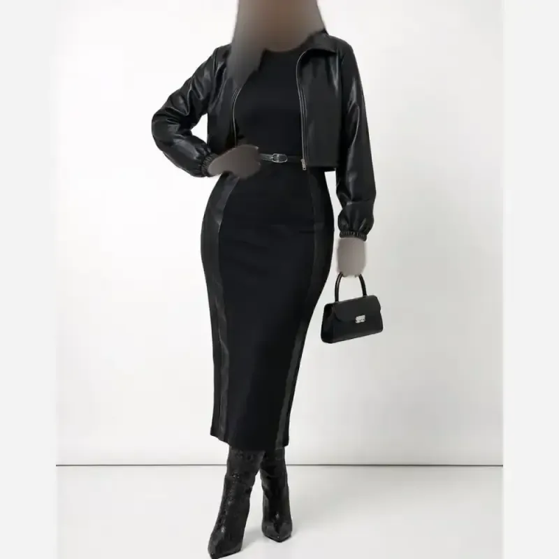 ست کت و سارافون زنانه جنس مازراتی و چرم رنگ قهوه ای و مشکی سایزبندی