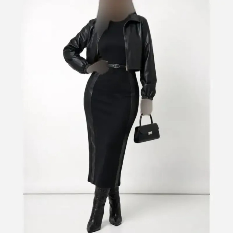 ست کت و سارافون زنانه جنس مازراتی و چرم رنگ قهوه ای و مشکی سایزبندی