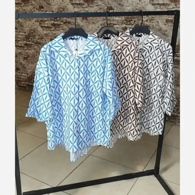 شومیز طرح دار مدل ژیکان جنس پارچه پری ترک فری سایز رنگ آبی قهوه ای مشکی