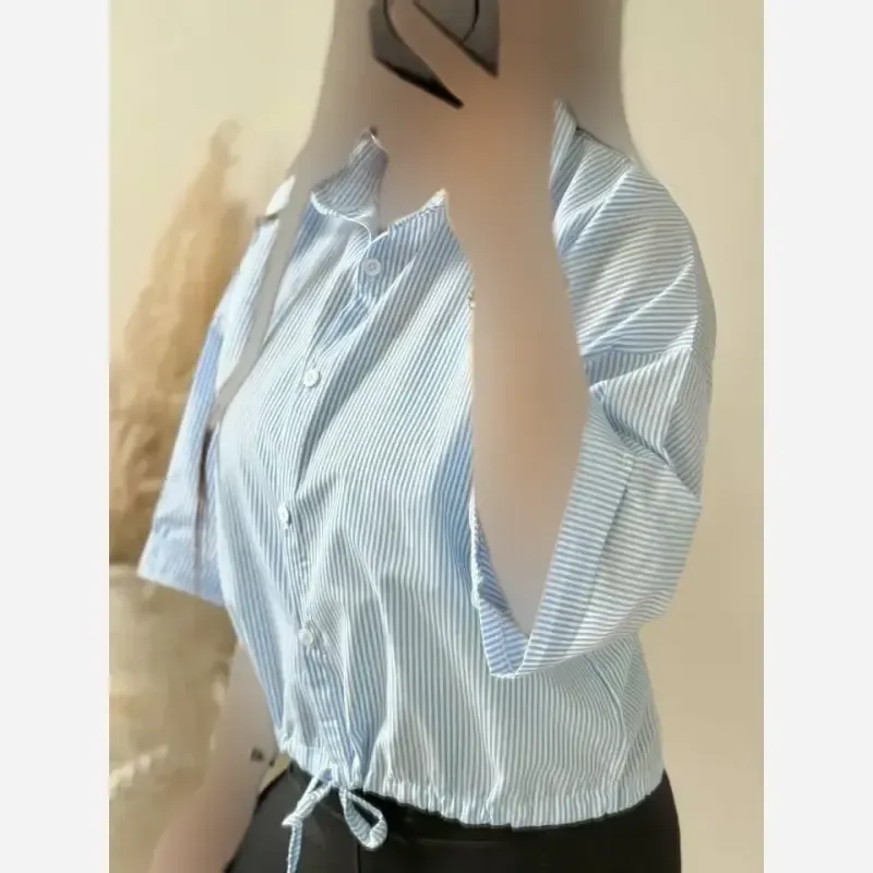 شومیز لینن راه راه کوتاه گره ای پایین گتر فری سایز مدل شکوفا