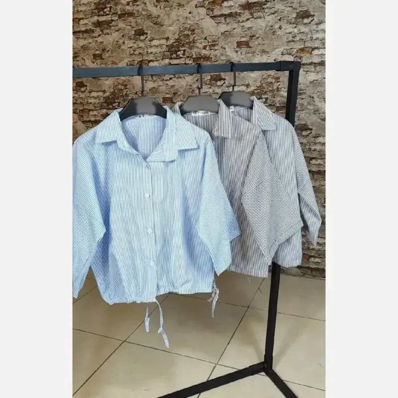 شومیز لینن راه راه کوتاه گره ای پایین گتر فری سایز مدل شکوفا