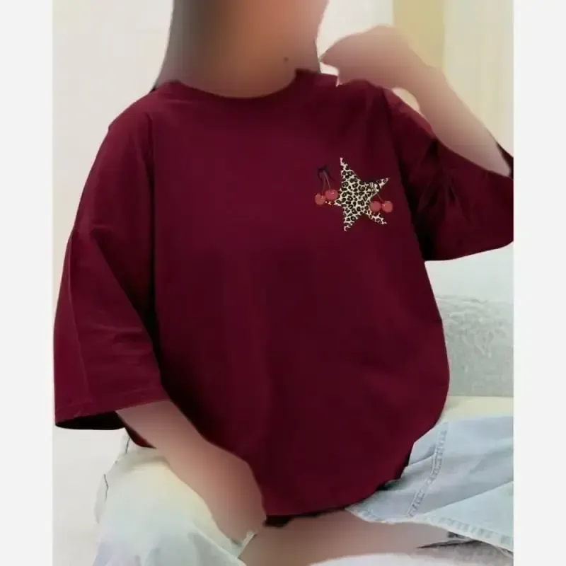 تیشرت باکسی طرح ستاره و گیلاس پنبه سوپر فری سایز مدل دایانا