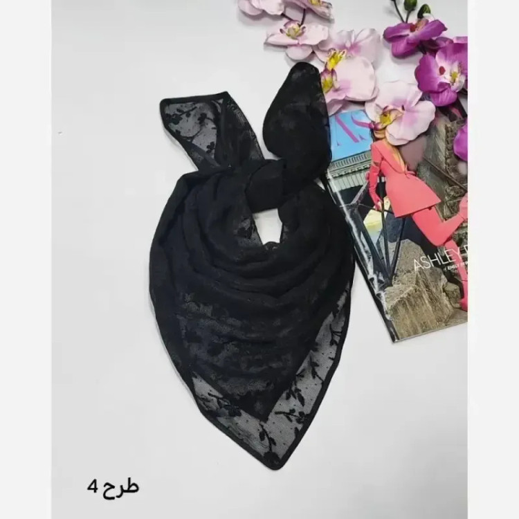 مینی اسکارف توری طرحدار مشکی ابعاد 70 در 70 جنس تور طرحدار