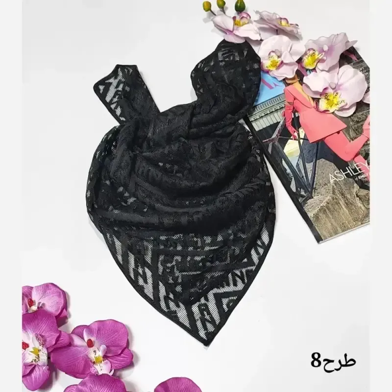 مینی اسکارف توری طرحدار مشکی ابعاد 70 در 70 جنس تور طرحدار