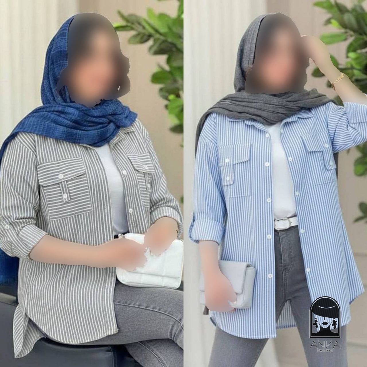 شومیز زنانه مدل جیب صلیبی جنس نخی راه راه بسیار فری سایز