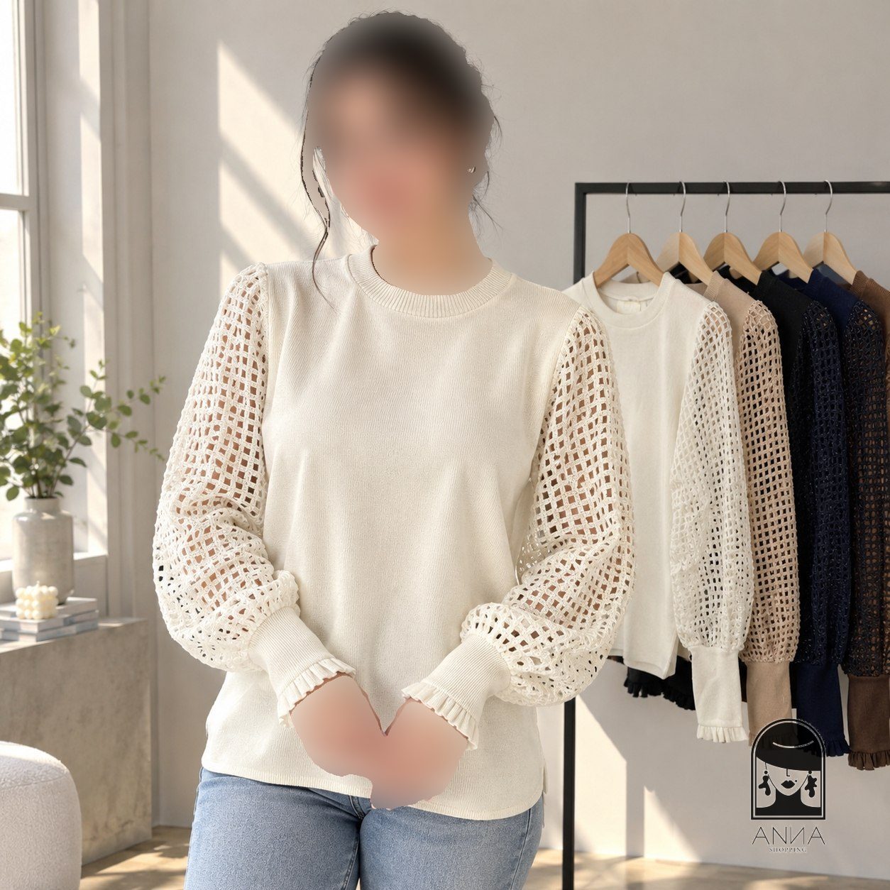 پوشاک زنانه مدل بلیز آستین توری یقه گرد جنس فانریپ پنبه کبریتی فری سایز ۳۶ تا ۴۲