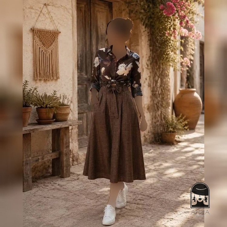 ست شومیز دامن زنانه مدل ارکیده جنس لینن فری سایز 38 تا 44