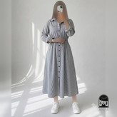 پیراهن زنانه مدل نیلا جنس لینن راه راه قد ۱۲۵ قد استین ۶۰ دکمه ها کاربردی جیب داره دوجیب داره