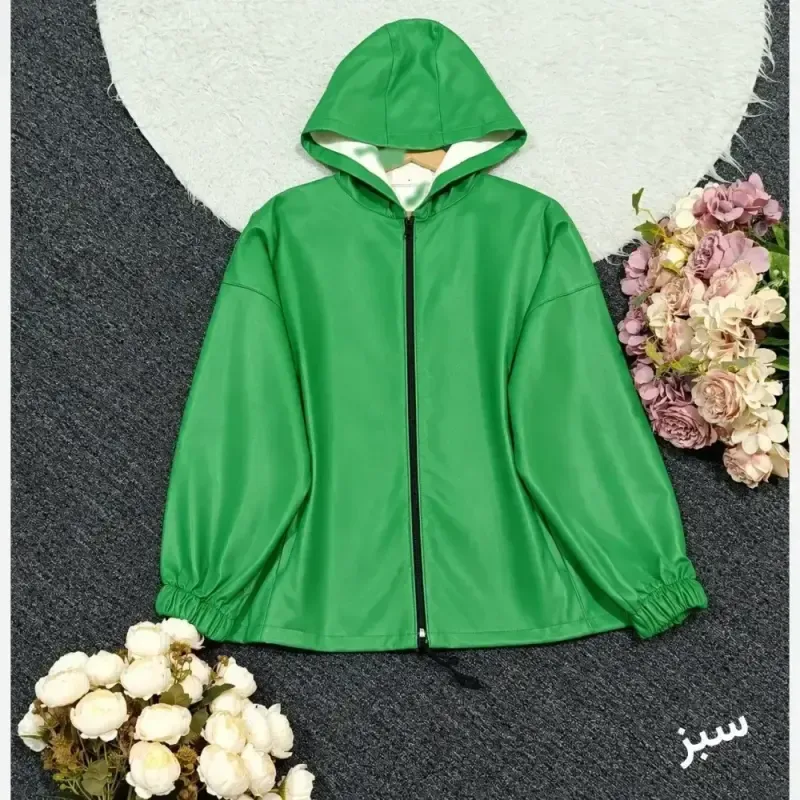 کاپشن چرم زنانه کلاهدار صنعتی درجه یک فری سایز