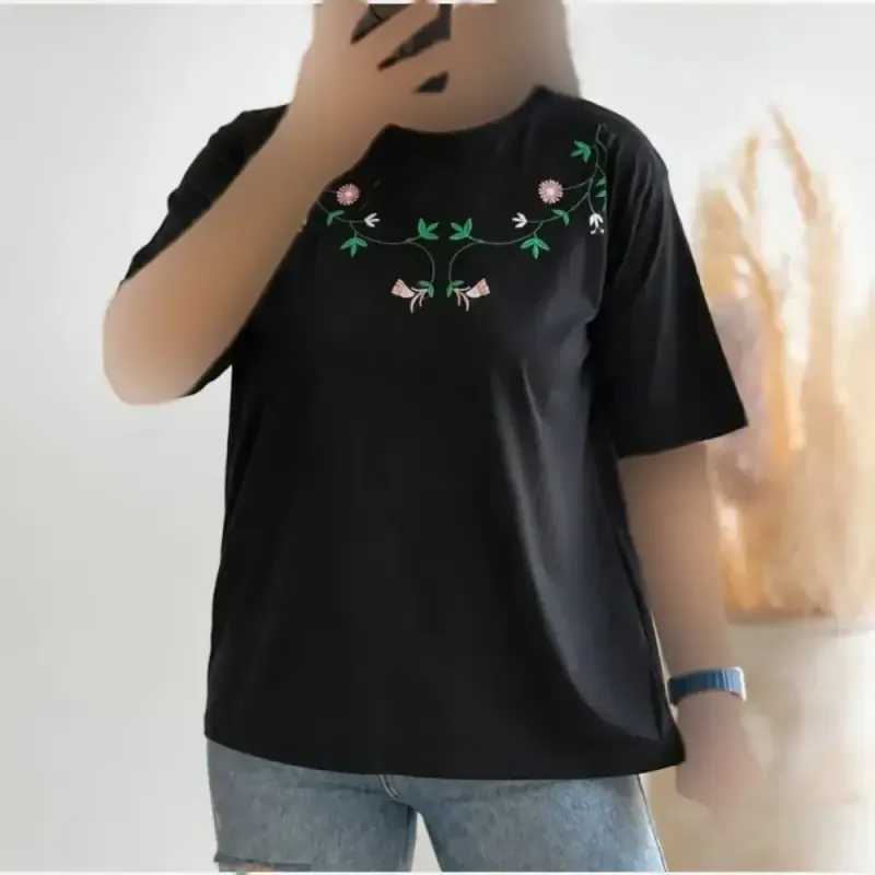 تیشرت پیچک گلدوزی شده پنبه ای فری سایز