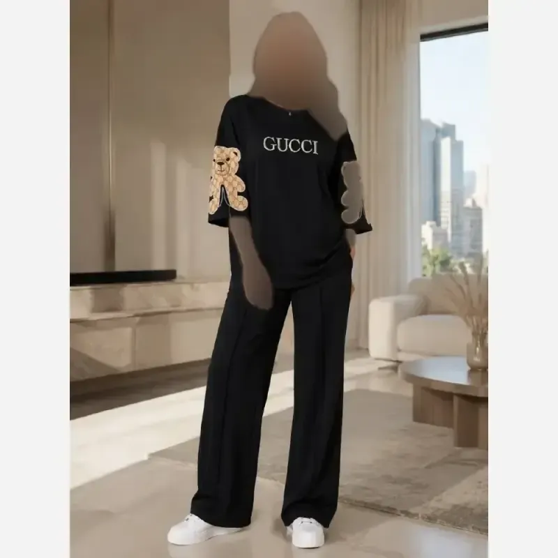 ست زنانه خرسی دورس پنبه پاییزه رنگ مشکی سایز 38 تا 46