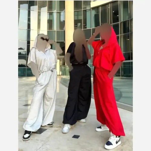 ست وست و شلوار اسپرت پاییزی کلاه دار پنبه گلکسی فری سایز