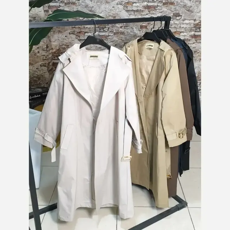 بارانی زنانه بلند کلاهدار مدل دینا کتان تی سی ضدآب آستردار کمربنددار فری سایز