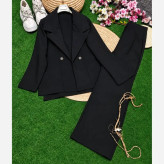 کت و شلوار زنانه پاییزه کتان کشی نیلا رنگ مشکی فری سایز