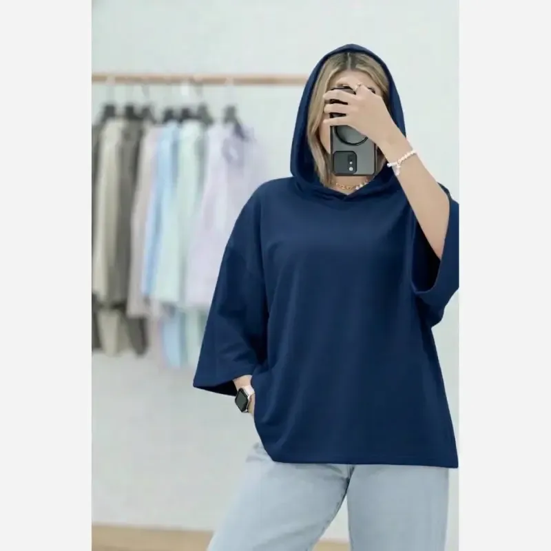تیشرت کلاهدار زنانه پنبه سوپر فری سایز