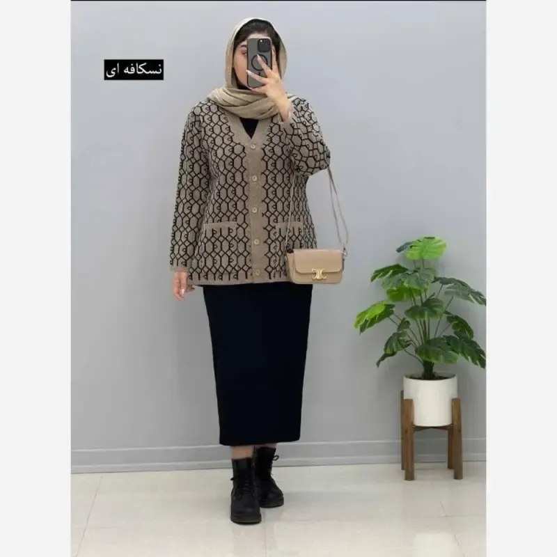 ژاکت بافت مخملی یقه هفت فری سایز جیب دار زنانه