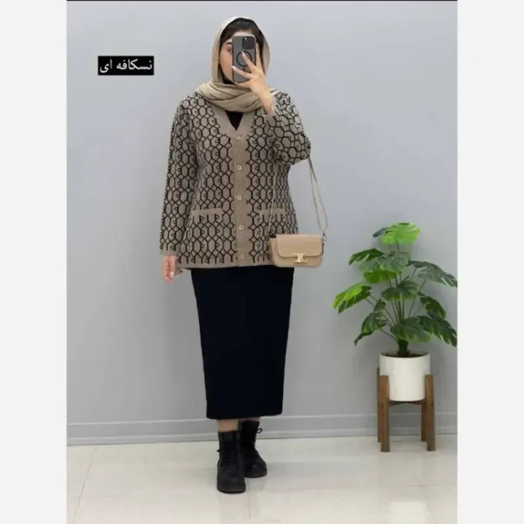 ژاکت بافت مخملی یقه هفت فری سایز جیب دار زنانه