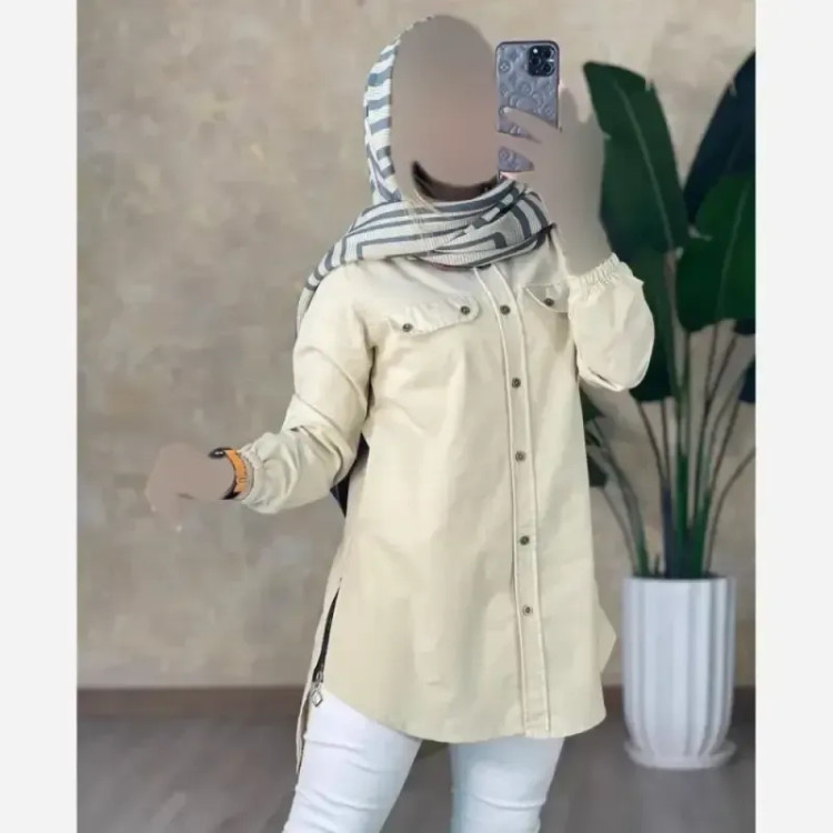 شومیز مانتویی کتان کش جیب نما زیپ دار فری سایز