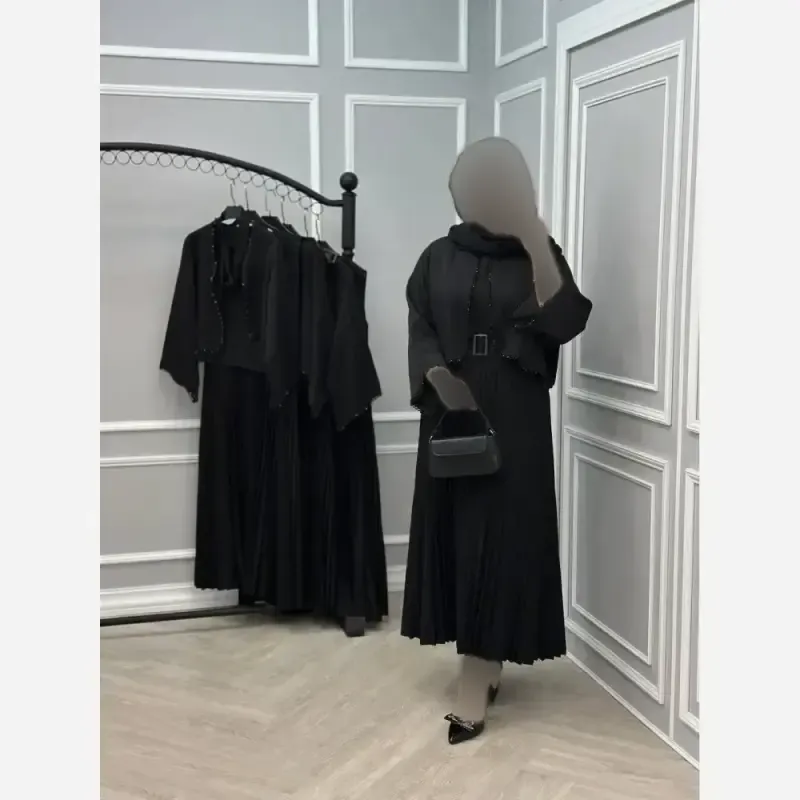 ست سه تیکه نیلسا سارافون و کت و کمربند مشکی فری سایز