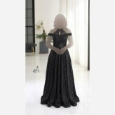 پیراهن مجلسی زنانه دانتل چمنی مشکی کاپدار نگین دار سایز 38 تا 52