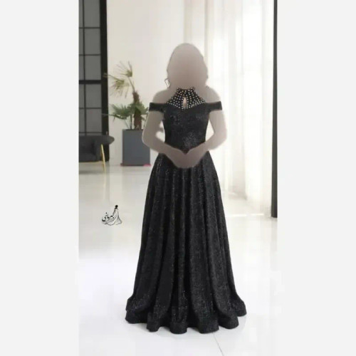 پیراهن مجلسی زنانه دانتل چمنی مشکی کاپدار نگین دار سایز 38 تا 52