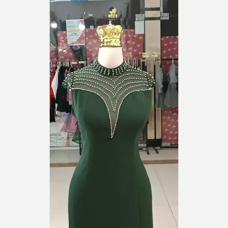 پیراهن زنانه مدل مروارید جنس کرپ دالقیچ قد 150 همراه کمربند