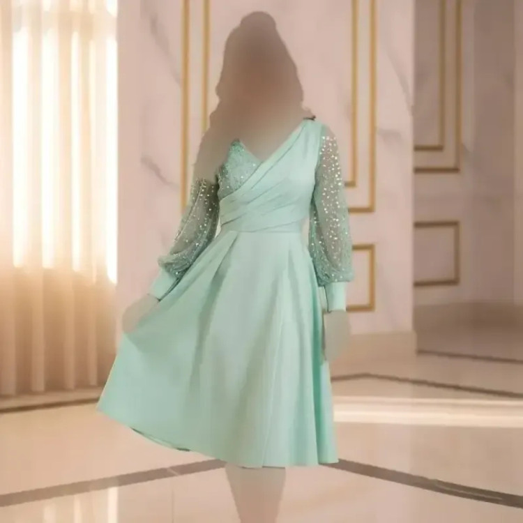 پیراهن مجلسی زنانه مدل همتا جسیمکو و ساتن سنگ دوزی شده رنگ سبزماچا