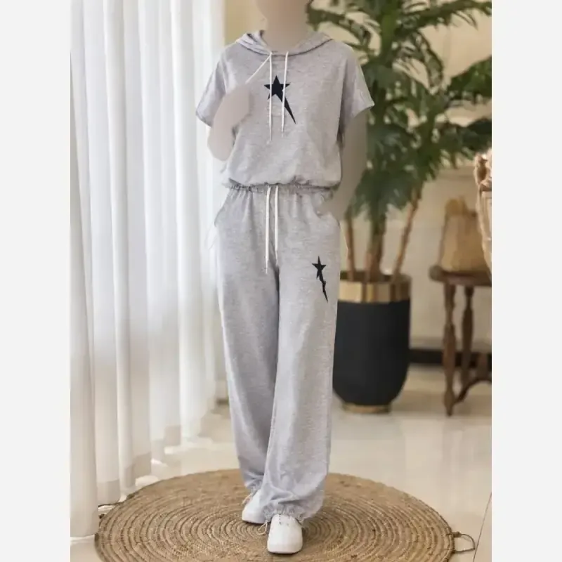 ست وست و شلوار ملانژ چهارفصل طرح ستاره ای فری سایز تا 44 طوسی روشن و تیره