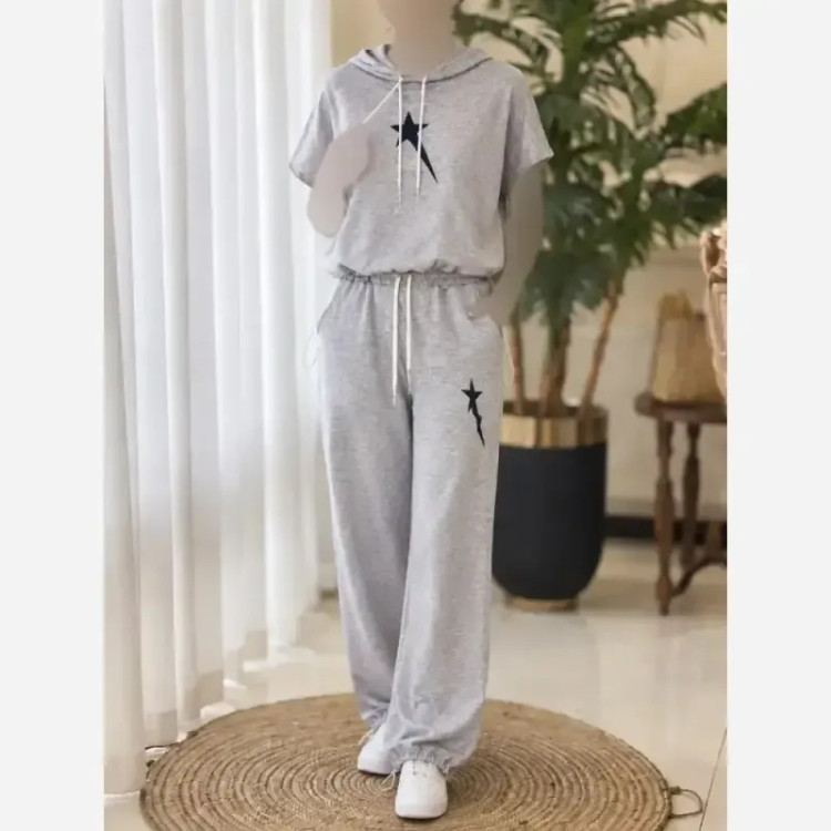 ست وست و شلوار ملانژ چهارفصل طرح ستاره ای فری سایز تا 44 طوسی روشن و تیره