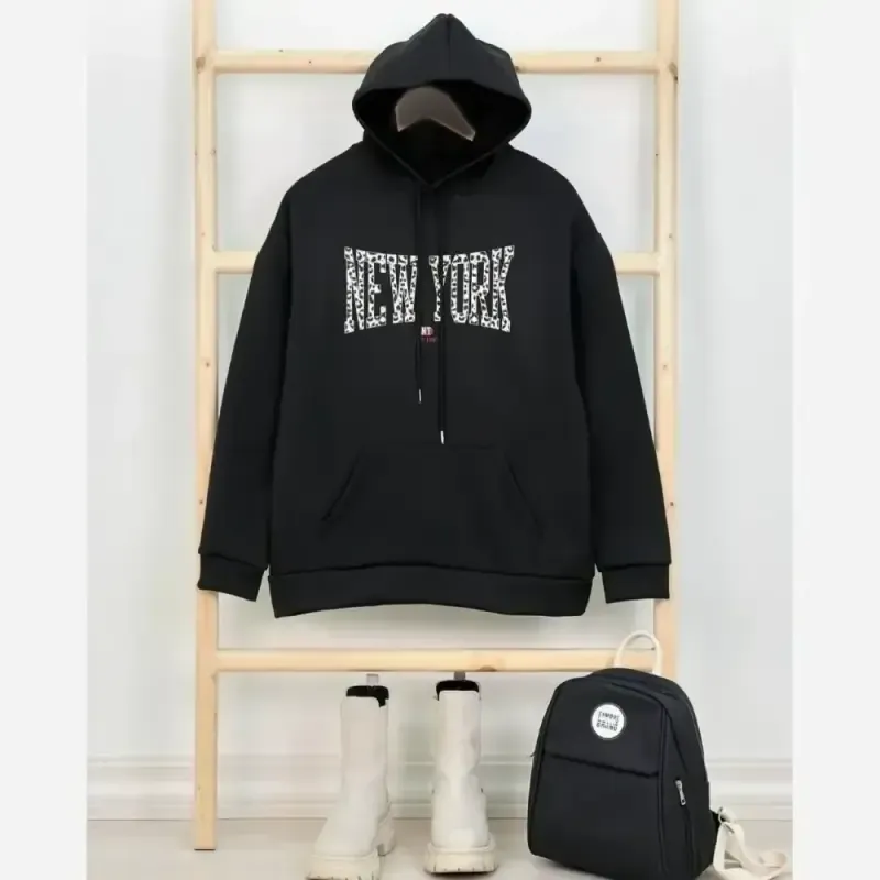 هودی زنانه طرح نیویورک پلنگی دورس تو کرکی مشکی سایز فری