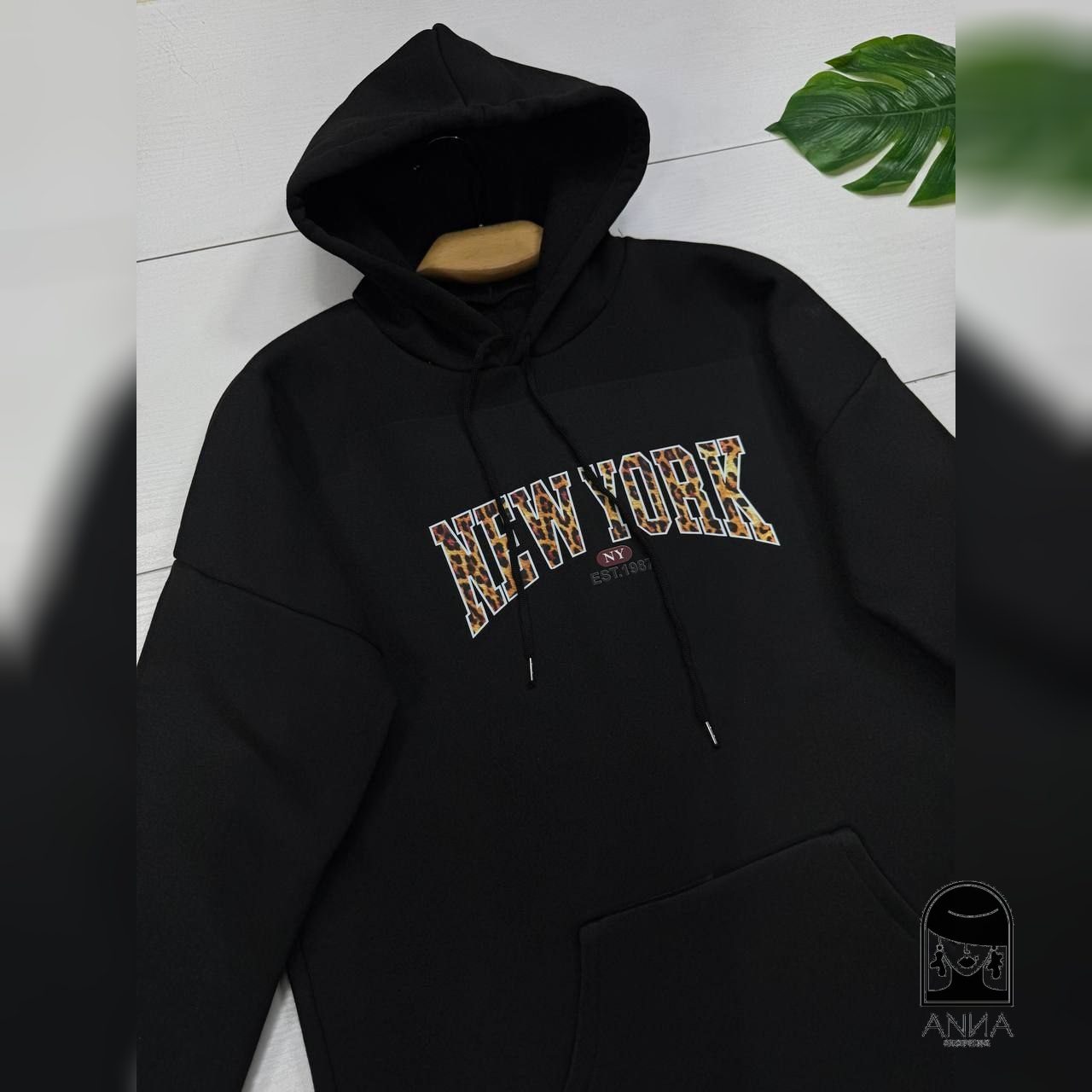 هودی زنانه مدل new york پلنگی جنس دورس تو کرکی فری سایز