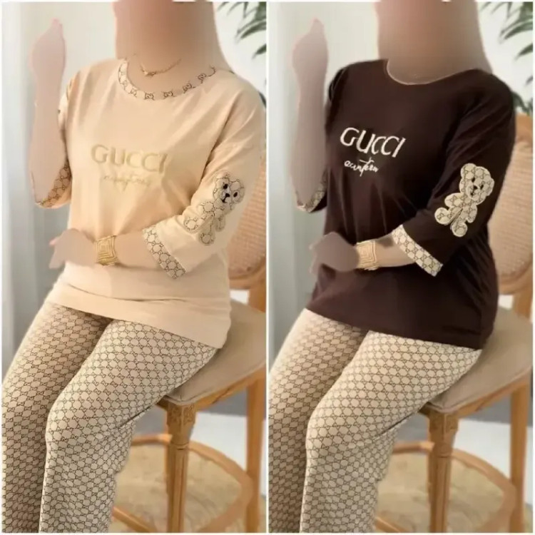 ست تیشرت و شلوار لویی جنس پنبه گلکسی رنگ شکلاتی و کرم نسکافه ای سایز فری 38 تا 46
