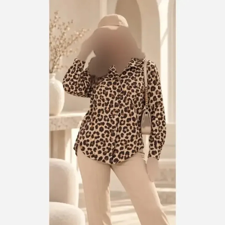 شومیز پلنگی مخمل پاییزه فری سایز جیب دار