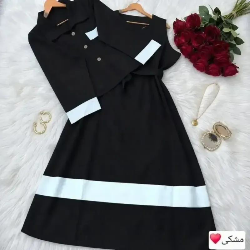 پیراهن یقه دلبر جنس الیزه درجه یک رنگ مشکی فری سایز