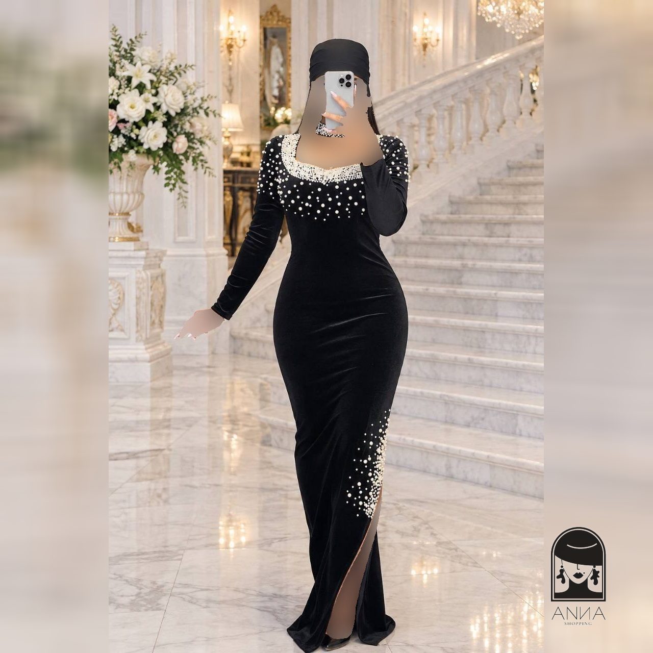 ماکسی زنانه مدل لنا گردنبندی جنس مخمل مرواریدی سایز ۱ تا ۳