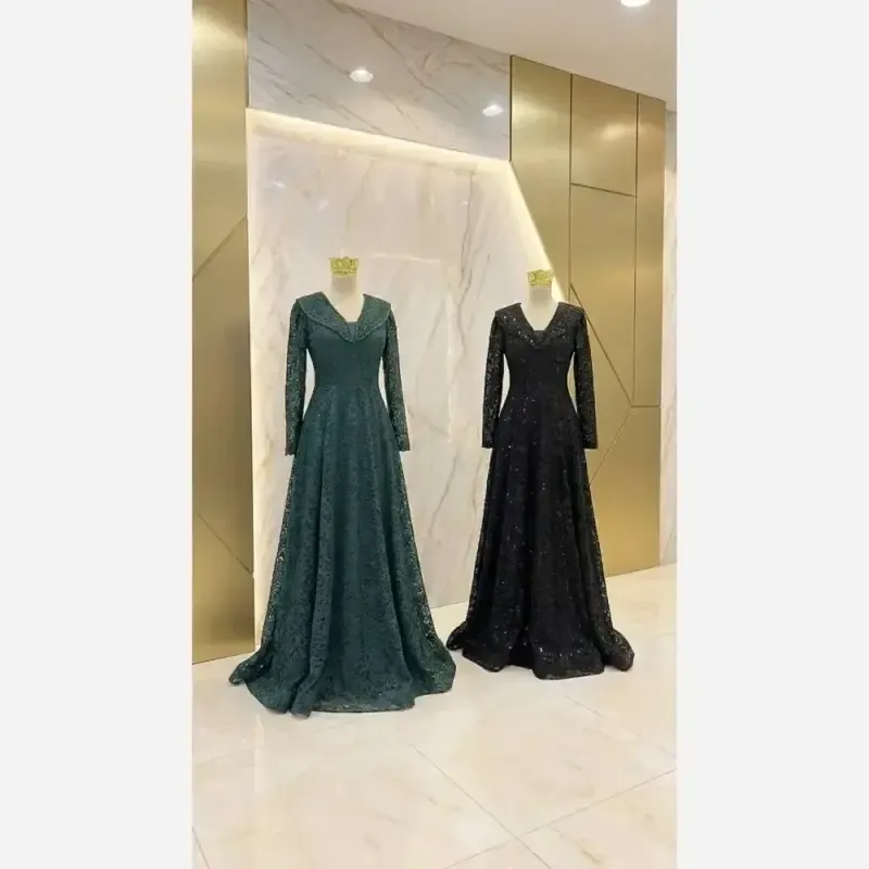 لباس مجلسی زنانه مدل سایه سنگدوزی شده دانتل درجه یک کاپدار مشکی و سبز سایزبندی بزرگ