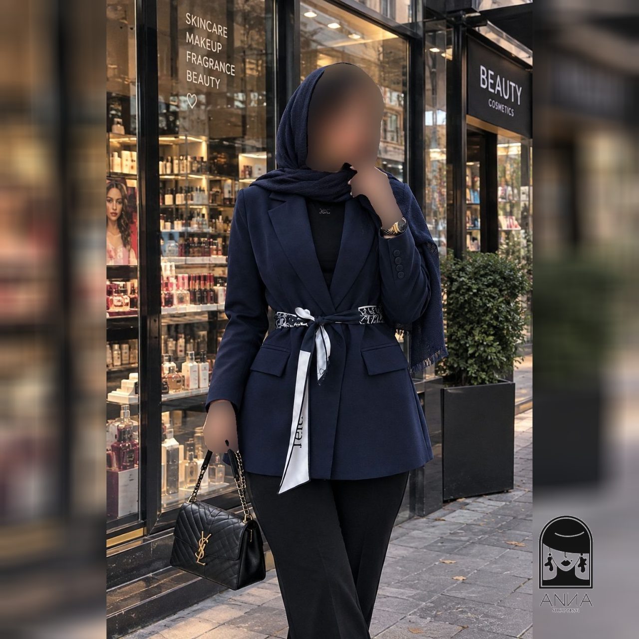 کت زنانه مدل تک دوین مزون آنا جنس بزیاق با ایستایی عالی؛ در قسمت جلو از لایی پرشین استفاده شده