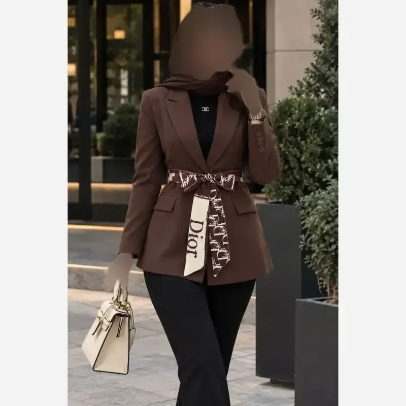 کت تک زنانه دوین جنس بزیاق با کمربند رنگبندی متنوع