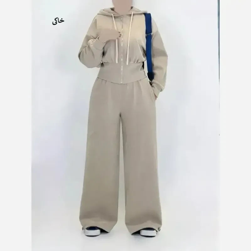 ست پاییزی زنانه ضخیم و گرم هودی کلاهدار و شلوار جاگر یا بگ فریسایز فوتر اویشو دورو