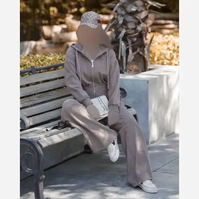 ست پاییزی زنانه ضخیم و گرم هودی کلاهدار و شلوار جاگر یا بگ فریسایز فوتر اویشو دورو